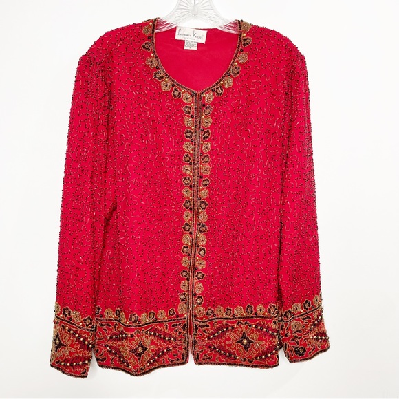 VTG Laurence Kazar Women's Red Silk Beaded Evening Trophy Jacket – Tassel Detail – Size XL